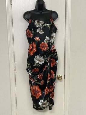 Black Floral Slip Midi Dress with Orange & Cream Blooms